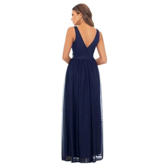 Betsy & Adam Women's Embroidered-Waist Sheath Party Maxi Dress Gown SilverNavy 2 - Picture 3 of 9